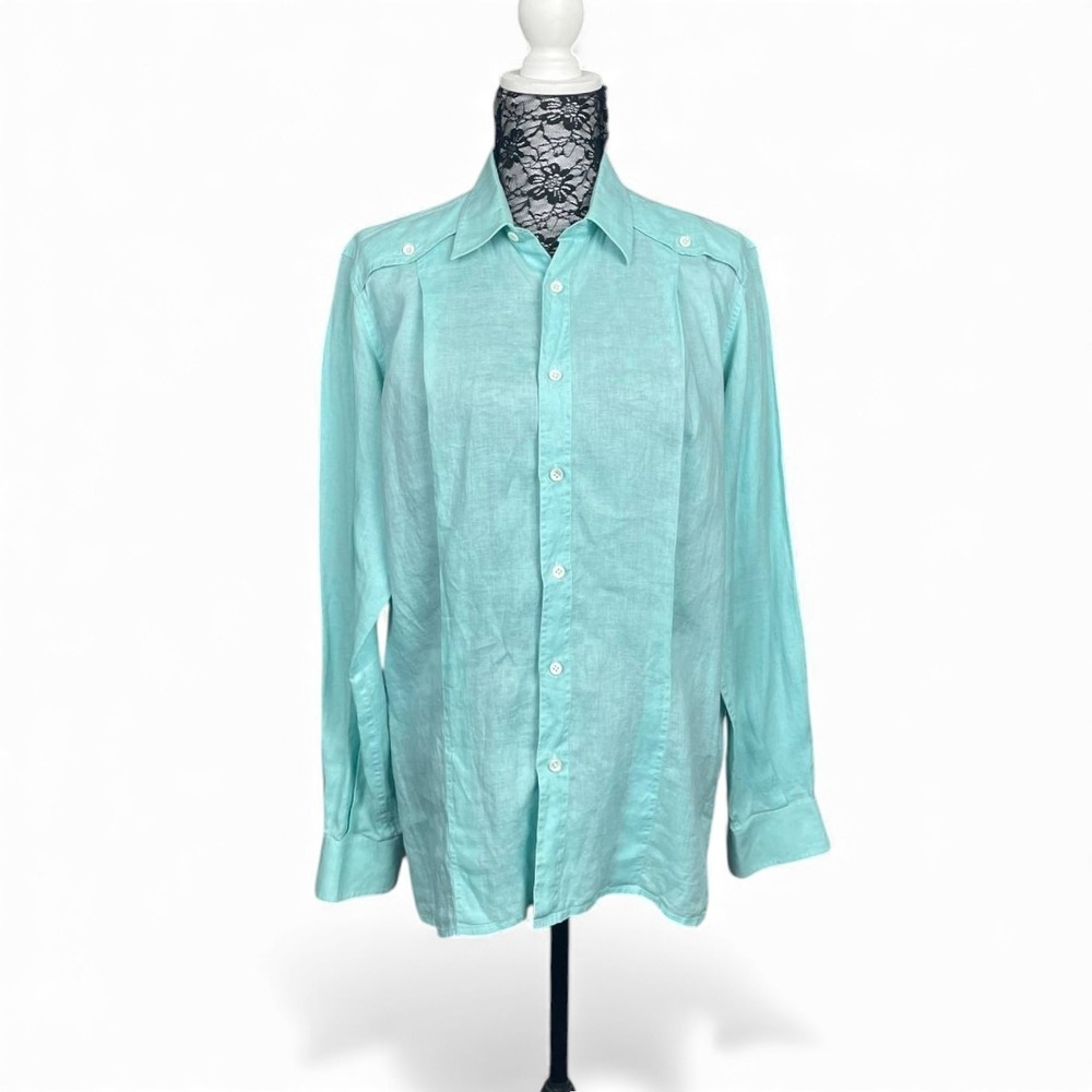 Italian Linen Aqua Button Down Lagenlook Shirt Medium Coastal Minimalist Resort
